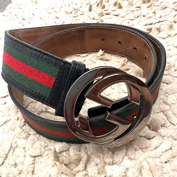 Gucci Authentic Green/Red Canvas Silver Interlocking G Buckle Belt 90/36 - Picture 1 of 6